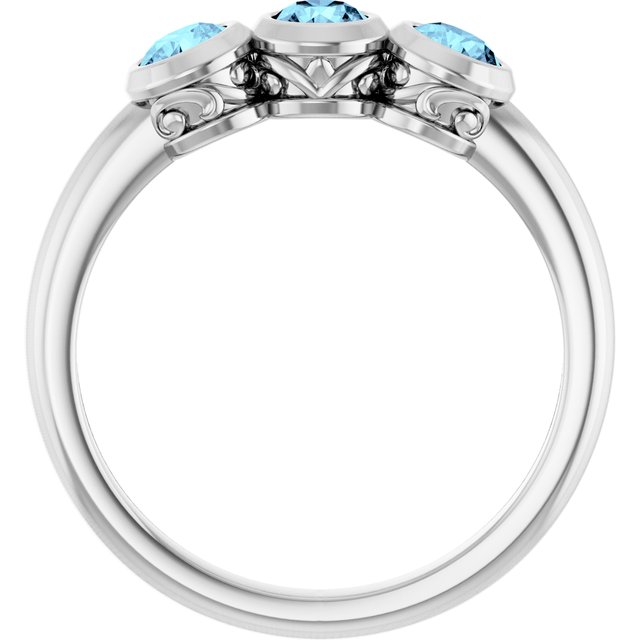 14K White Natural Aquamarine Three-Stone Bezel-Set Ring